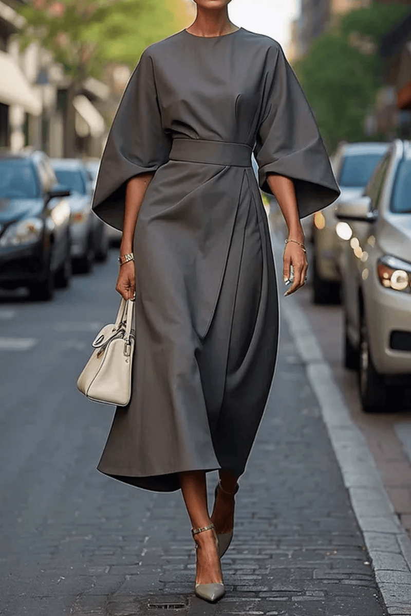 Sofia - elegant dress with lantern sleeves and belt Grey