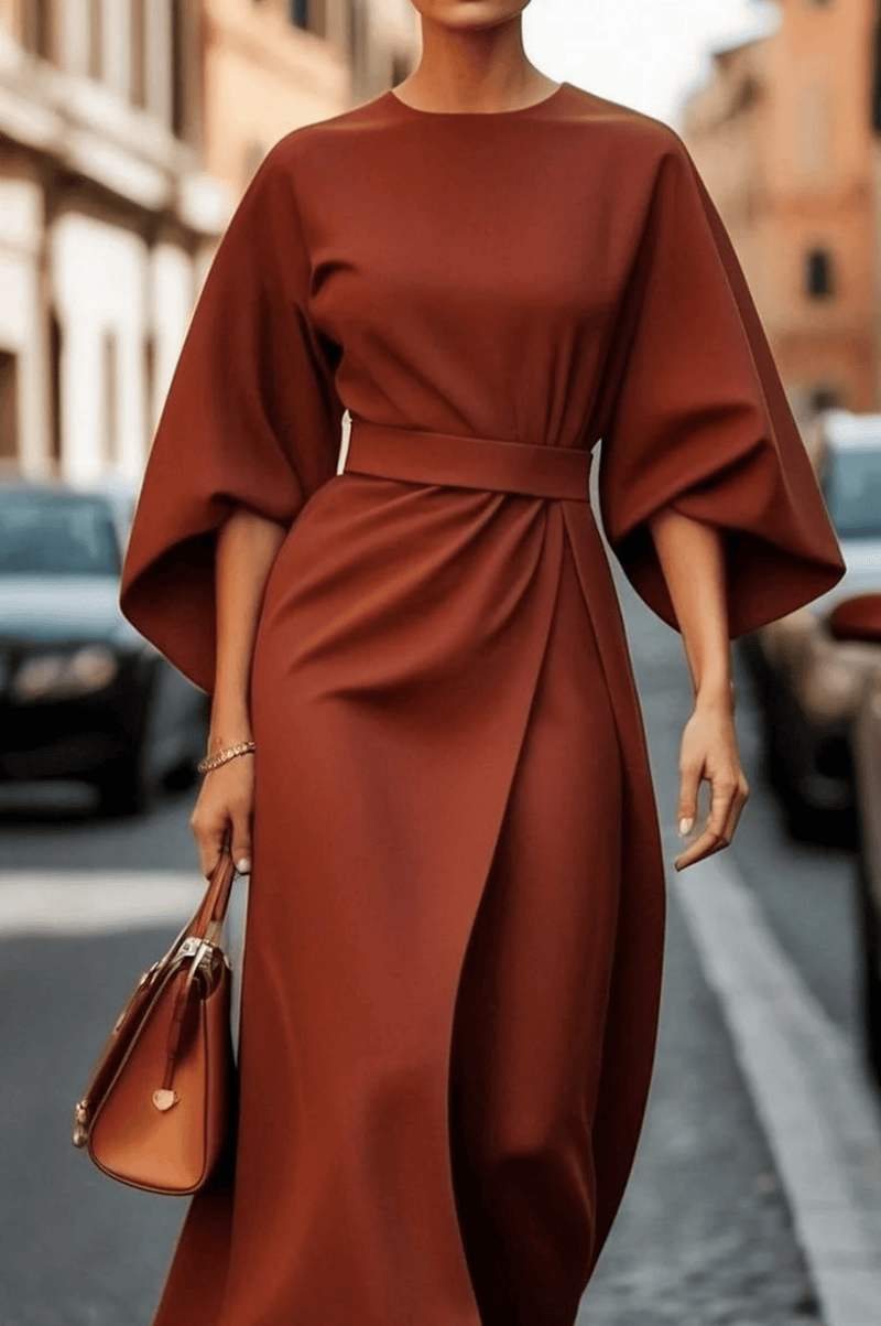 Sofia - elegant dress with lantern sleeves and belt Orange