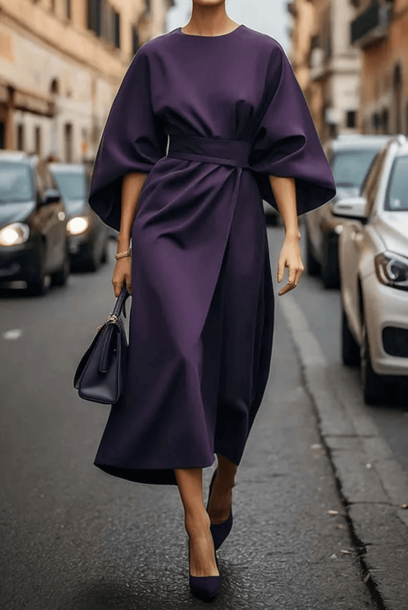 Sofia - elegant dress with lantern sleeves and belt Purple