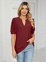 Florira Eyelet Notched Short Sleeve T-Shirt Burgundy