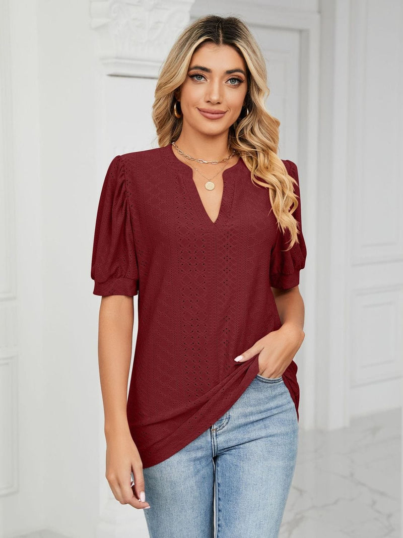 Florira Eyelet Notched Short Sleeve T-Shirt Burgundy