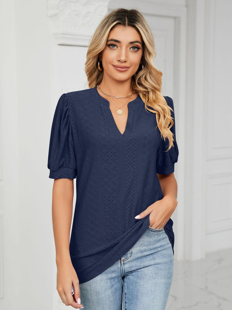 Florira Eyelet Notched Short Sleeve T-Shirt Dark Blue