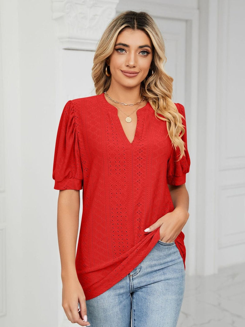 Florira Eyelet Notched Short Sleeve T-Shirt Deep Red