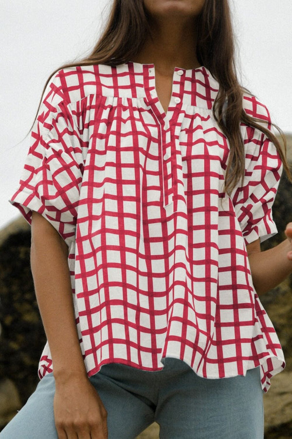 Plaid Button Detail Half Sleeve Blouse Deep Red