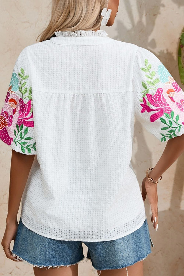 Floral Embroidered Puff Sleeve Notched Blouse