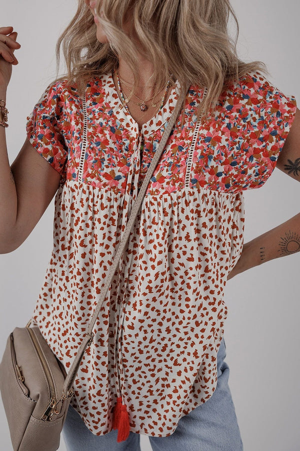 Printed Floral Embroidery Tie Neck Blouse Floral