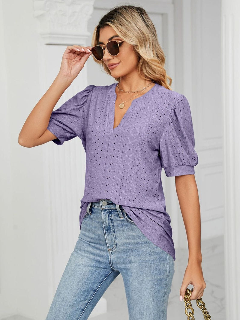 Florira Eyelet Notched Short Sleeve T-Shirt