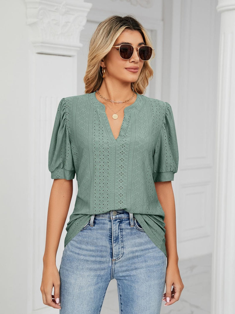 Florira Eyelet Notched Short Sleeve T-Shirt