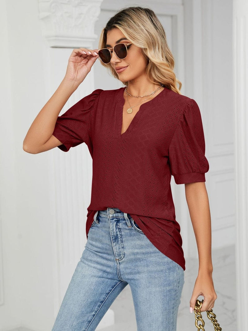 Florira Eyelet Notched Short Sleeve T-Shirt