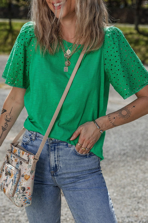 Eyelet Embroidered Patchwork Top Green