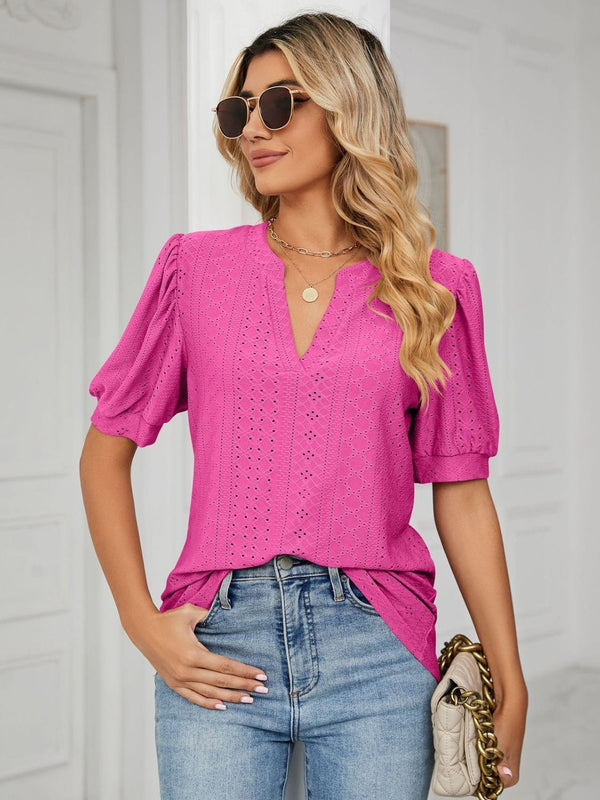 Florira Eyelet Notched Short Sleeve T-Shirt Hot Pink