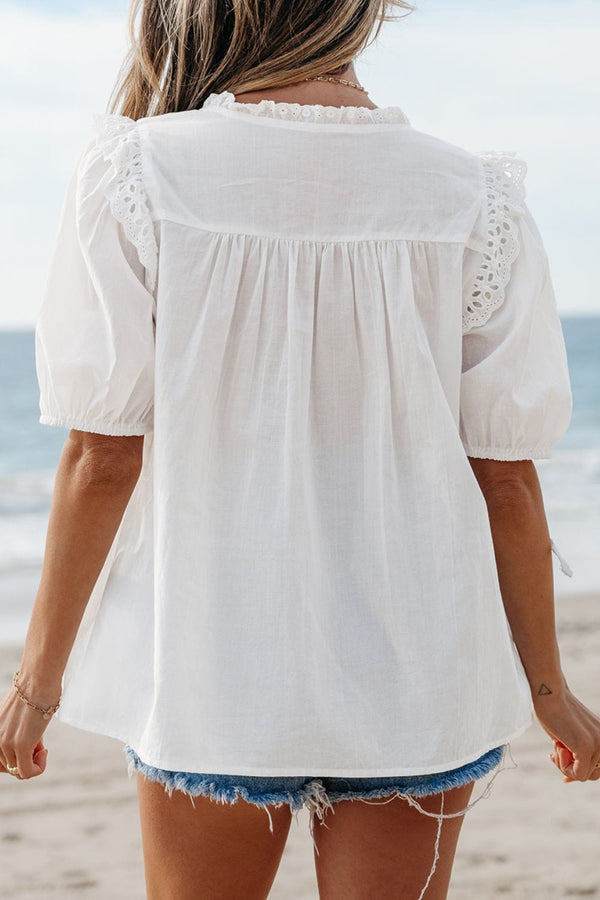 Lace Patchwork Tie Neck Short Sleeve Blouse