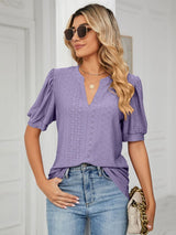 Florira Eyelet Notched Short Sleeve T-Shirt Lavender