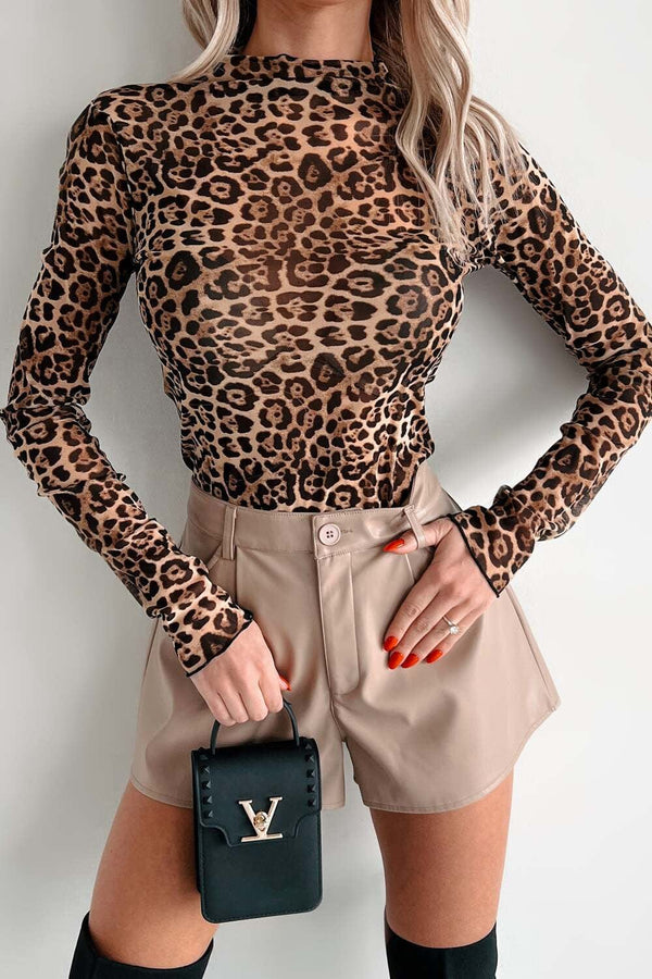 Lovelet Leopard Mock Neck Long Sleeve T-Shirt