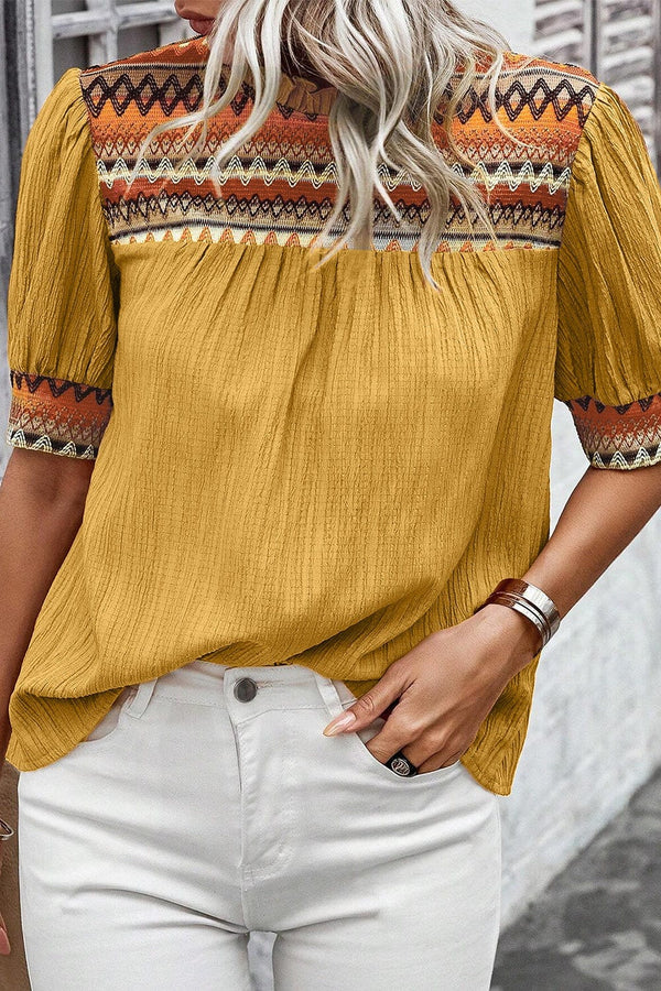 Geometric Frill Mock Neck Short Sleeve Blouse Mustard