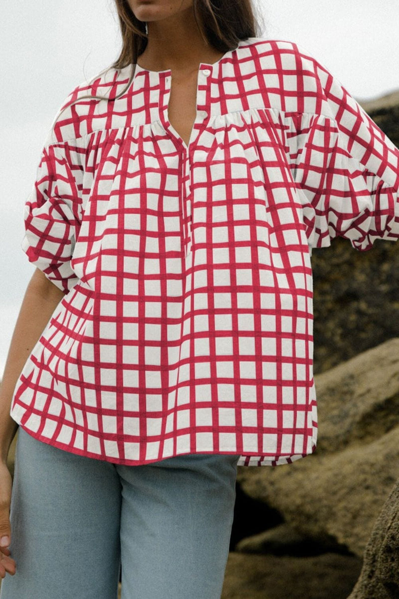 Plaid Button Detail Half Sleeve Blouse