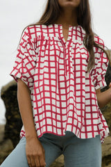 Plaid Button Detail Half Sleeve Blouse