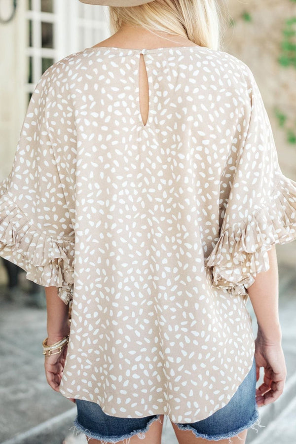 Printed Round Neck Ruffled Half Sleeve Blouse