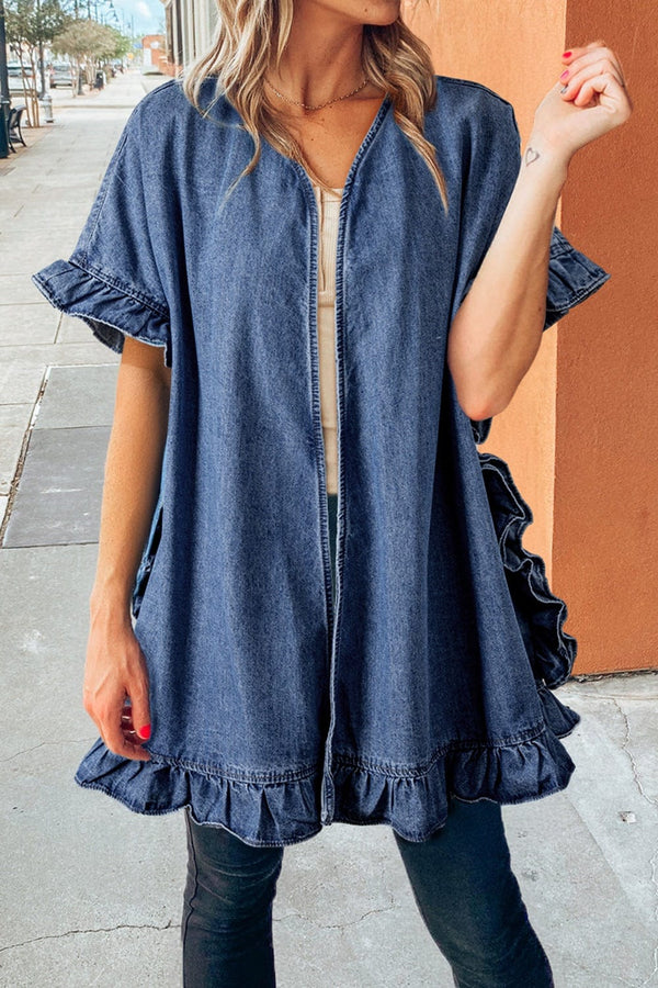 Ruffled Open Front Denim Top