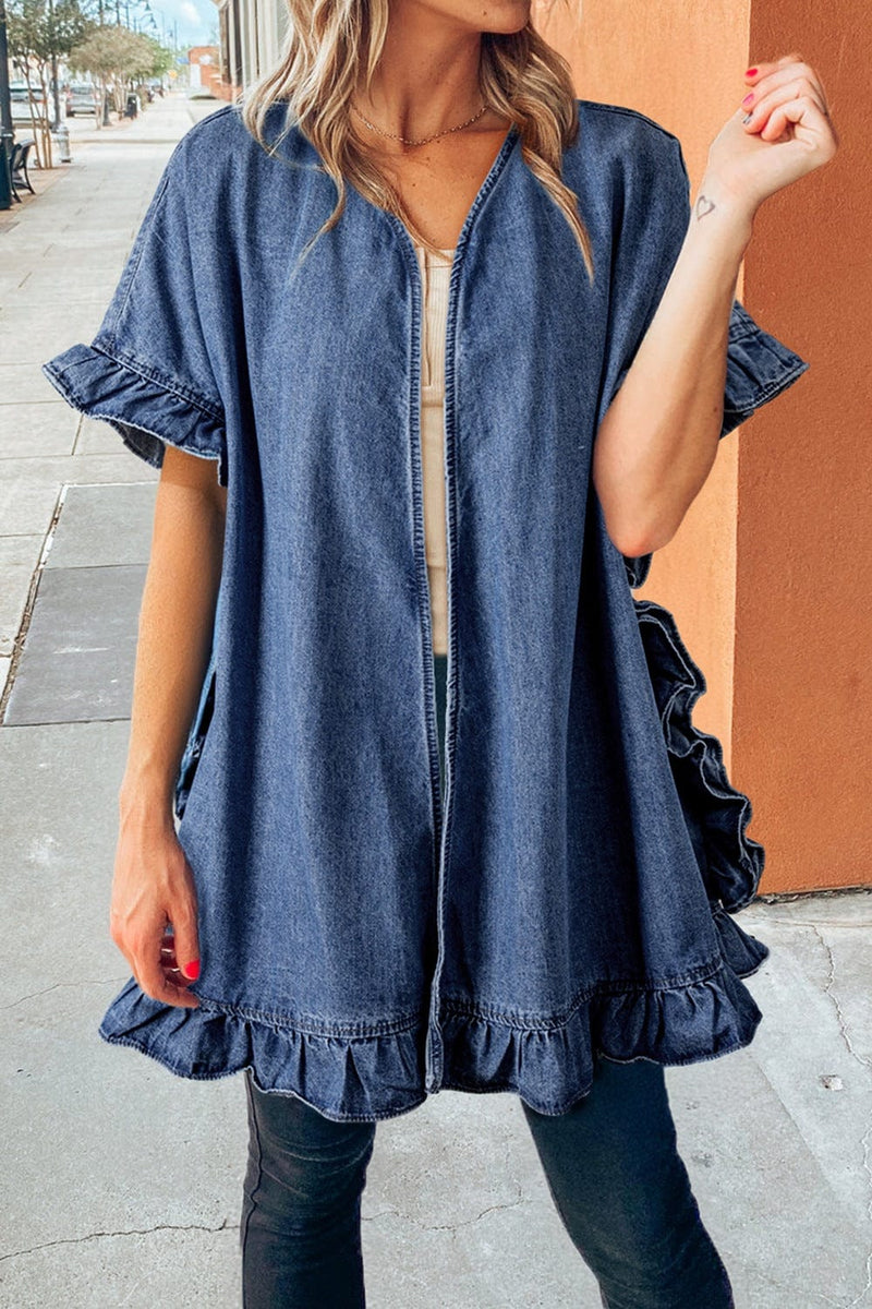 Ruffled Open Front Denim Top