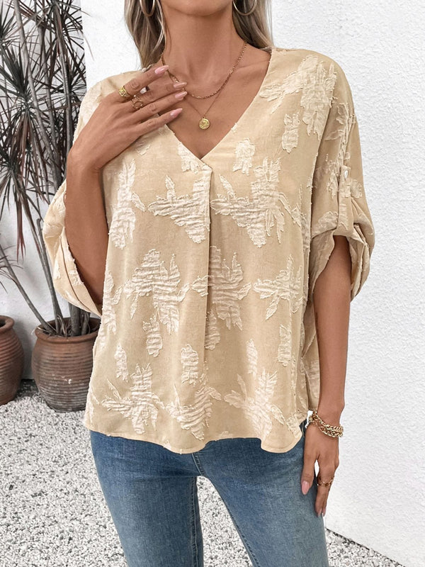 Perfee V-Neck Half Sleeve Blouse Tan