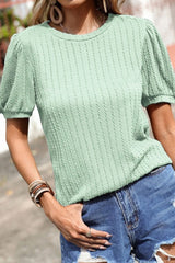 Textured Round Neck Short Puff Sleeve Top