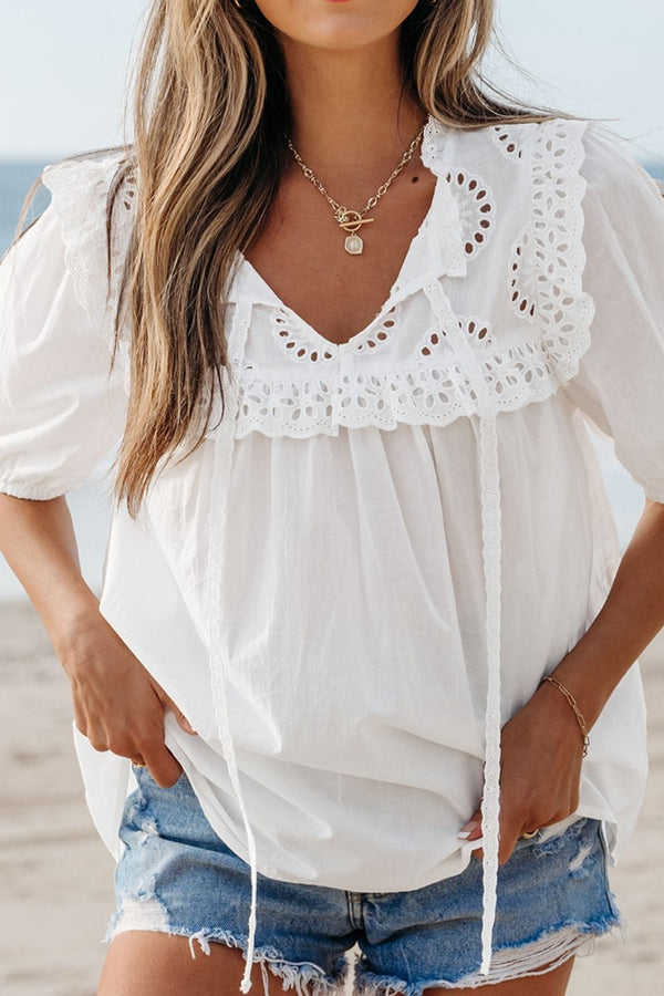 Lace Patchwork Tie Neck Short Sleeve Blouse White